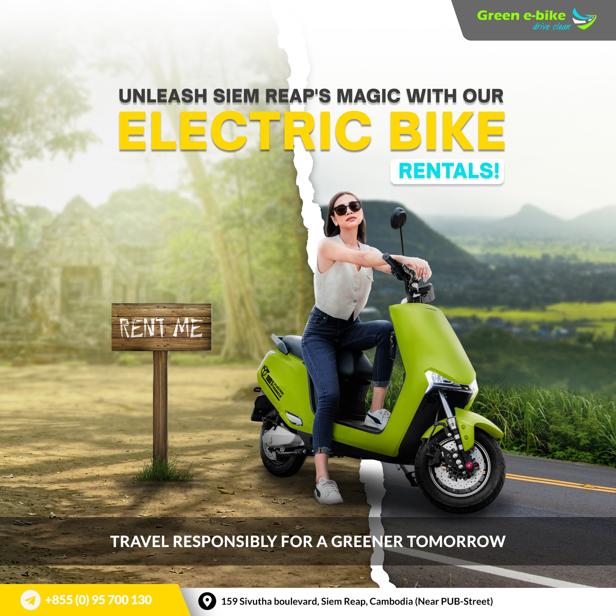 Green e-bike promotional visual with electric vehicles